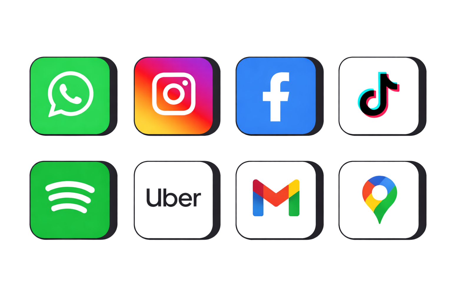 WhatsApp, Instagram, Facebook, TikTok, Spotify, Uber, Gmail, Google Maps